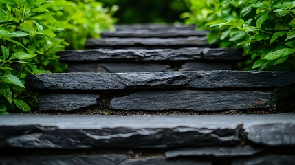 Serene Pathway of Slate Stone Steps Surrounded by Lush Greenery