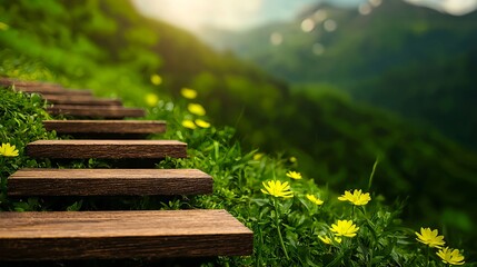Fototapeta premium Enchanted Pathway Through Greenery with Flowers and Mountain View