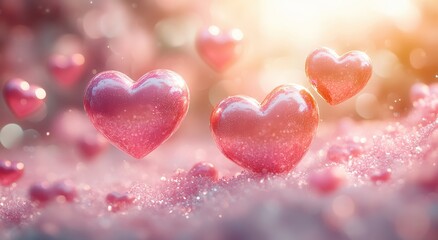 Obraz premium Sparkling Pink Hearts Floating on Glittery Surface Romantic Valentine s Day Background