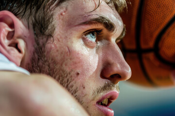 Obraz premium Intense athlete prepares for competition while holding a basketball close, drenched in sweat during a training session outdoors under bright sunlight