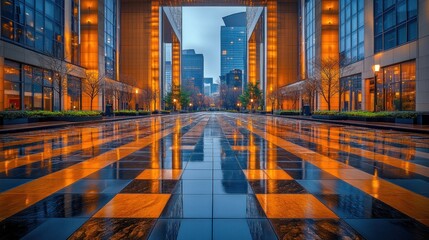 Fototapeta premium City plaza, wet pavement, reflections, buildings, dawn