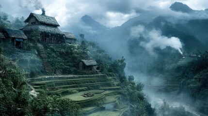 Fototapeta premium Misty Mountain Village Rice Terraces, Southeast Asia