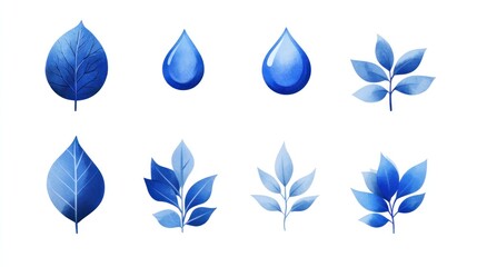 Blue leaves and water drops; nature design elements for eco-friendly projects
