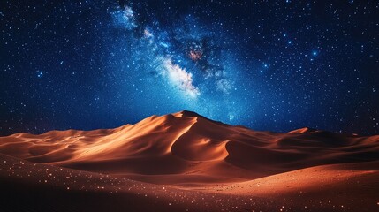 A panoramic night view of a desert landscape under a starry sky,