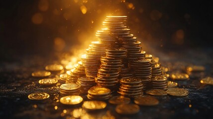 Obraz premium Golden coins stacked in pyramid shape, illuminated.