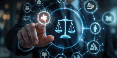 Fototapeta premium Legal Professional with Justice Icons. A suited legal professional touches virtual icons symbolizing law, justice, and legal services. business legislation, Notary public, legal advice online, Lawyer