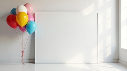 Brightly colored balloons next to a large blank white frame in a minimalist room setting