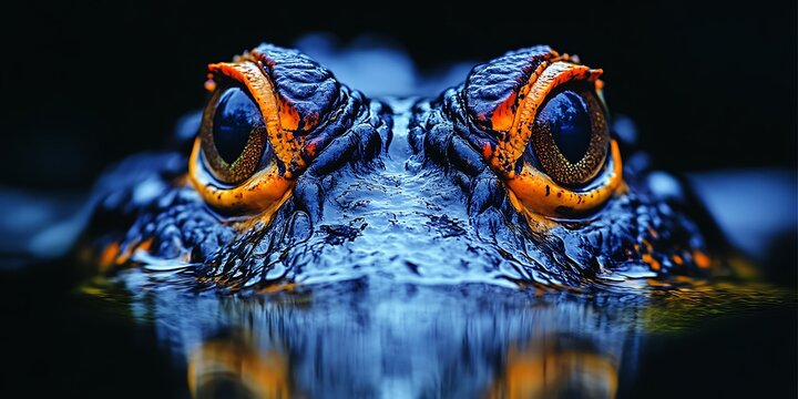 Close-up of alligator eyes in dark water.