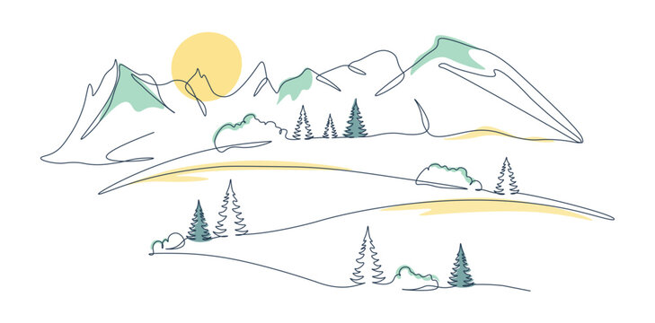Spring mountain landscape with fir trees. Illustration in one continuous line with colored elements. Minimalistic hand drawing. Grass on peaks. Single line panoramic sketch. Vector on white background