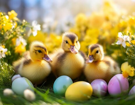 cute ducklings with colorful eggs in a sunny spring meadow surrounded by flowers and greenery easter