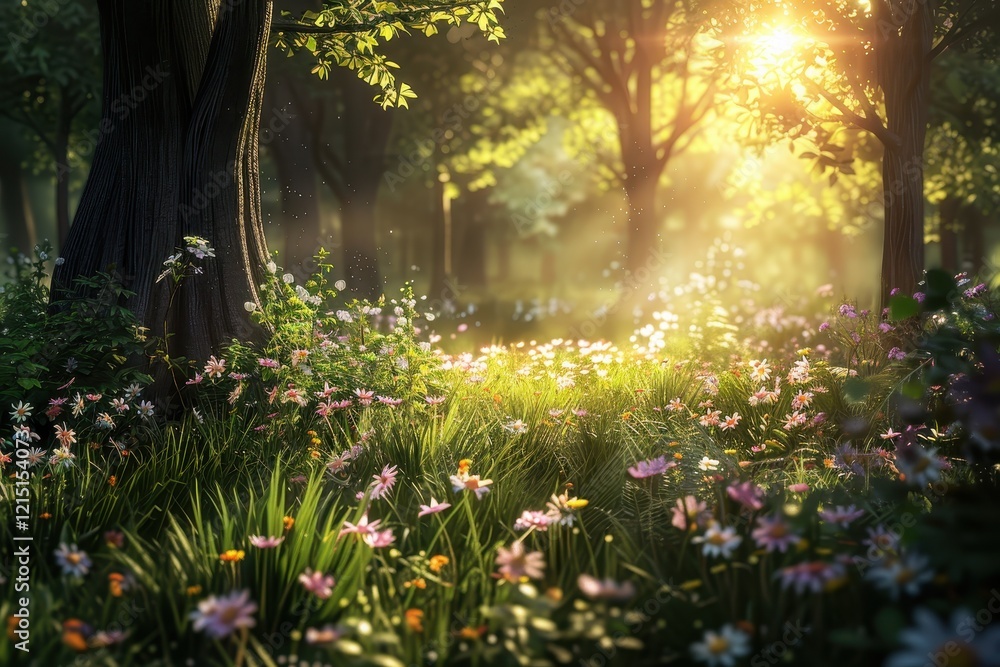 Poster sunlight filtering through trees highlights a meadow filled with wildflowers in a tranquil forest du