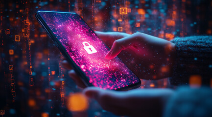 A person holding an iPhone with their fingers on the screen, digital security symbols and lock icons floating above it against a dark background of glowing data streams and network connections.