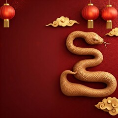 Obraz premium Stylized illustration of a golden snake with intricate patterns on a teal background, surrounded by bamboo and leaves. Perfect for Chinese New Year greetings, cultural designs, and festive branding.