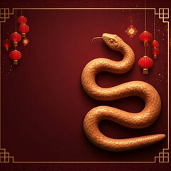 Fototapeta premium Stylized illustration of a golden snake with intricate patterns on a teal background, surrounded by bamboo and leaves. Perfect for Chinese New Year greetings, cultural designs, and festive branding.