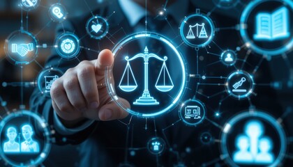 Fototapeta premium Legal Professional with Justice Icons. A suited legal professional touches virtual icons symbolizing law, justice, and legal services. business legislation, Notary public, legal advice online, Lawyer