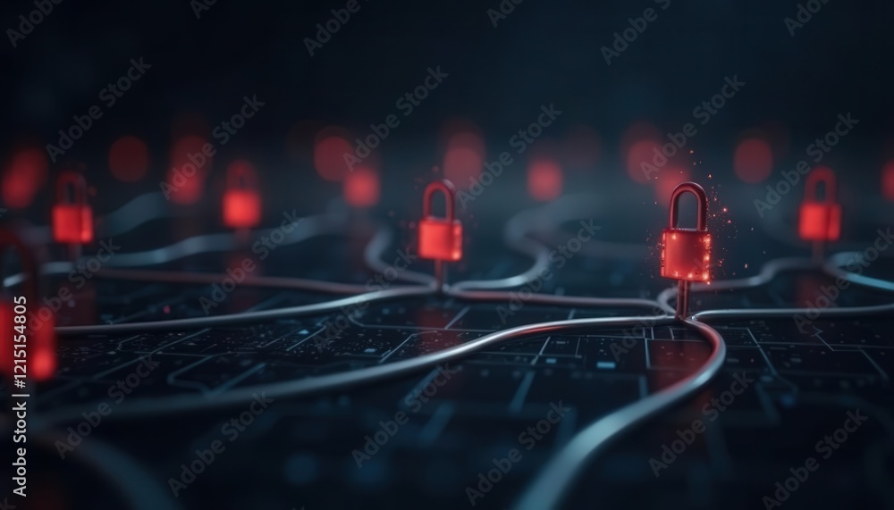 Poster abstract network security concept: interconnected glowing padlocks on dark background
