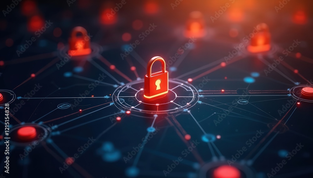 Poster abstract network security system: glowing padlock connected to nodes