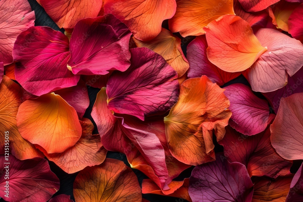 Poster close up of overlapping rose petals showcasing a vibrant spectrum of colors, creating a captivating 