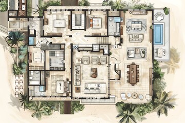 floor map of a home with interior and architecture of bedrooms, living rooms and bathrooms with entrance and other home areas