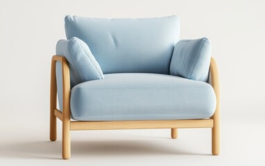 Fototapeta premium A Scandinavian-style armchair with a light oak frame and pastel blue cushions, placed in a bright and cozy reading nook