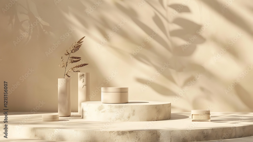 Poster 3d render of podium for product display with green leaves background.