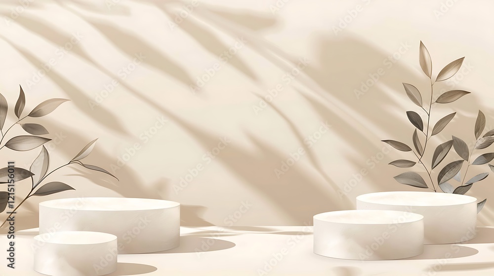 Poster 3d render of podium for product display with green leaves background.