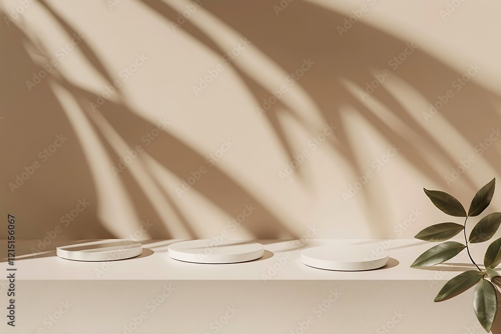 Poster 3d render of podium for product display with green leaves background.