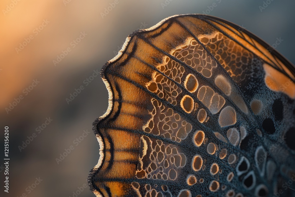 Poster close-up of a butterfly wing, showcasing intricate patterns and textures illuminated by golden sunse