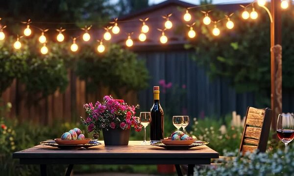 Romantic Easter evening under string lights in a backyard garden, a table set for two with fresh flowers and a bottle of wine