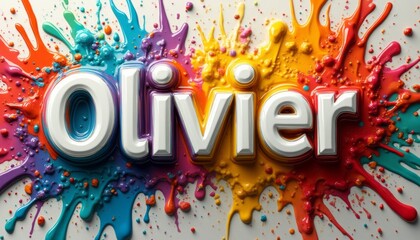 The image features the name Olivier in striking 3D letters, surrounded by a dynamic explosion of colorful paint splashes. This lively composition radiates creativity and joy, making it perfect for