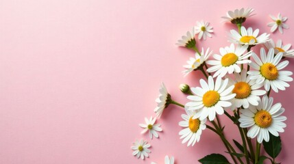 A delicate arrangement of pristine daisies scattered on a soft pink backdrop, creating a charming and serene floral composition.