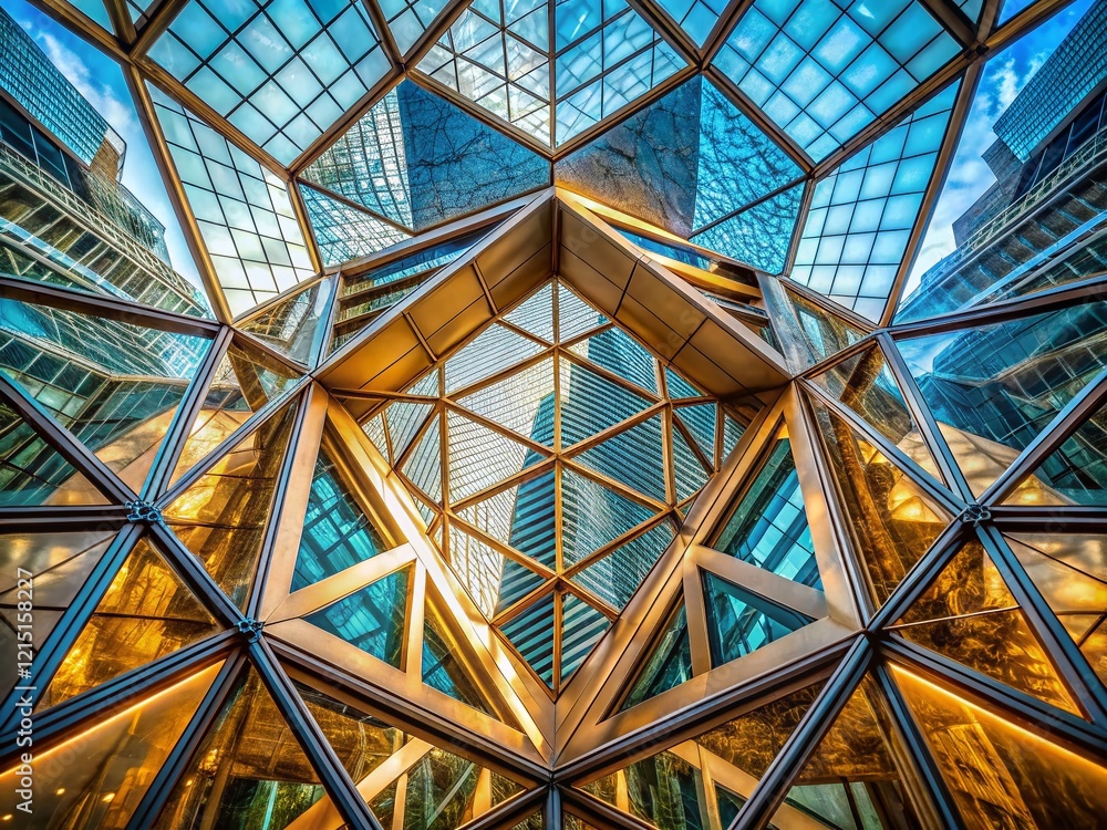 Poster modern architecture: triangular facet hexagon wireframe structure