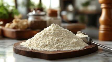 Fototapeta premium Modern kitchen setup showcasing arrowroot flour and metal scoop on marble countertop