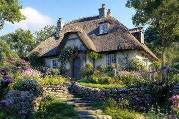 A charming English countryside house with a thatched roof, stone walls, and a flower-filled garden