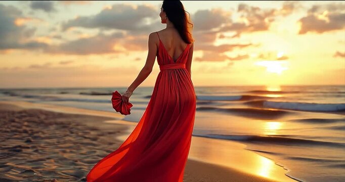 Woman walks beach sunset red dress