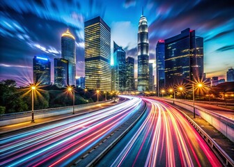 Fototapeta premium Modern Cityscape Infographic Background: Long Exposure Light Trails and Buildings