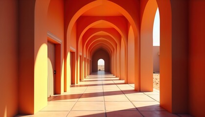 Colorful orange arched hallway leads to desert. Sunny day. Stylish corridor with columns creates beautiful architectural passage. Geometric patterns, shadows enhance design. Elegance, history