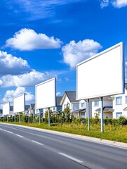 Obraz premium Highway Billboard Homes For Sale - New homes, highway billboards, sunny day, suburban landscape, real estate. A perfect blend of aspirational living and strategic advertising.
