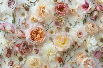 Beautiful arrangement of pastel colored flowers creates a stunning floral background, perfect for romantic or spring themed projects