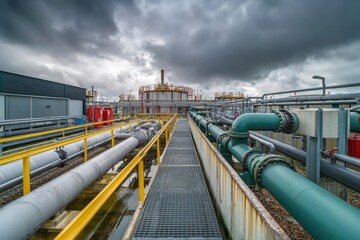A chemical plant with interconnected pipes, storage tanks, and safety barriers under cloudy skies