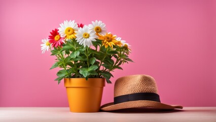 A flower in a pot with a hat. A pot on a colored background with space to copy.