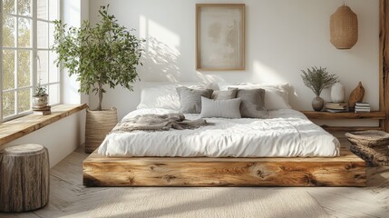 Cozy platform bed frame crafted from natural wood with minimalist decor