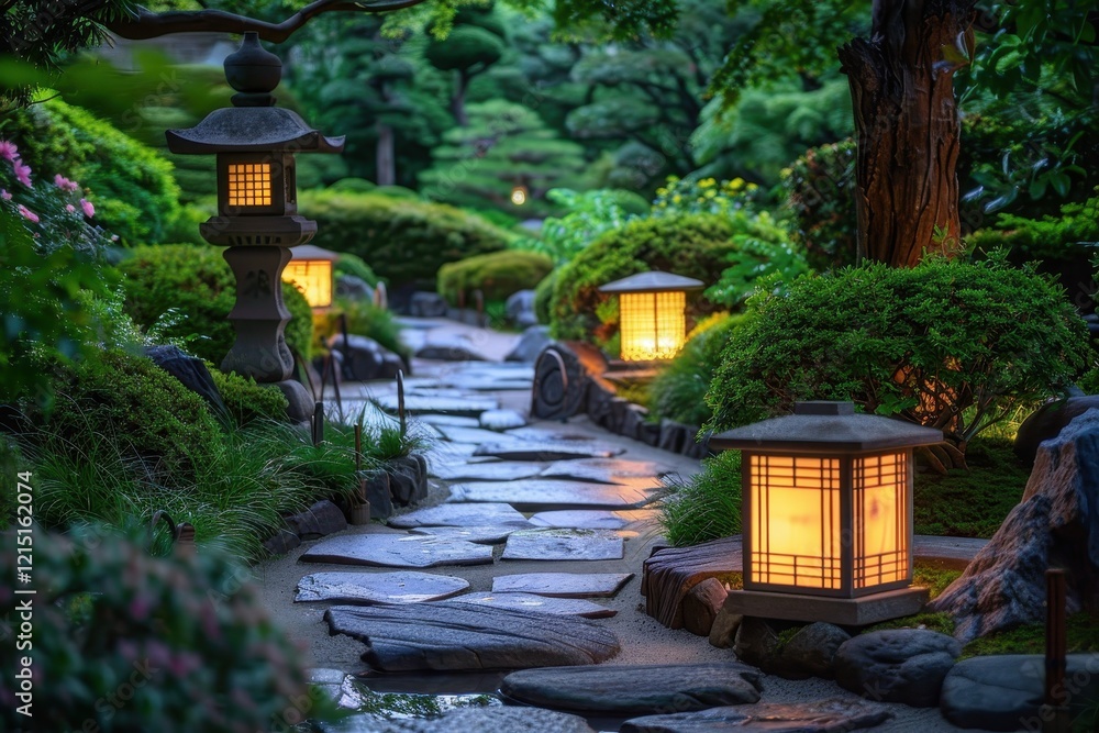 Aufkleber Serene garden path illuminated by lanterns under a tranquil evening sky in a beautiful park setting