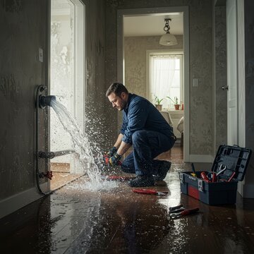 Plumber Repairing a Leaking Pipe in a Flooded Apartment