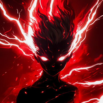 Dynamic illustration of a glowing anime character radiating intense red flames and lightning energy, evoking power and drama.
