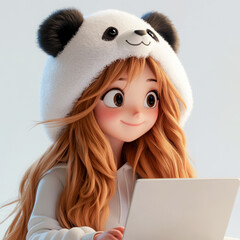 Smiling young woman wearing a cute panda hat while working on a laptop, creating a cheerful and cozy atmosphere.
