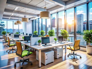 Fototapeta premium Modern Office Blurred Background, Corporate Workplace, Professional Interior Design, Desk Workspace, Large Windows