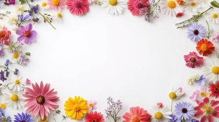 Colorful wildflowers arranged in a circular pattern on a white background with empty space for text or design, top view.