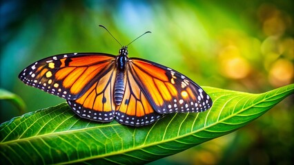 Fototapeta premium Monarch Butterfly on Green Leaf - Close-up Stock Photo