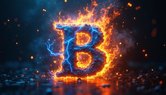The letter B bursts with vibrant flames and electric blue sparks, creating a stunning visual spectacle. This dynamic image captures the essence of energy and creativity, making it perfect for branding